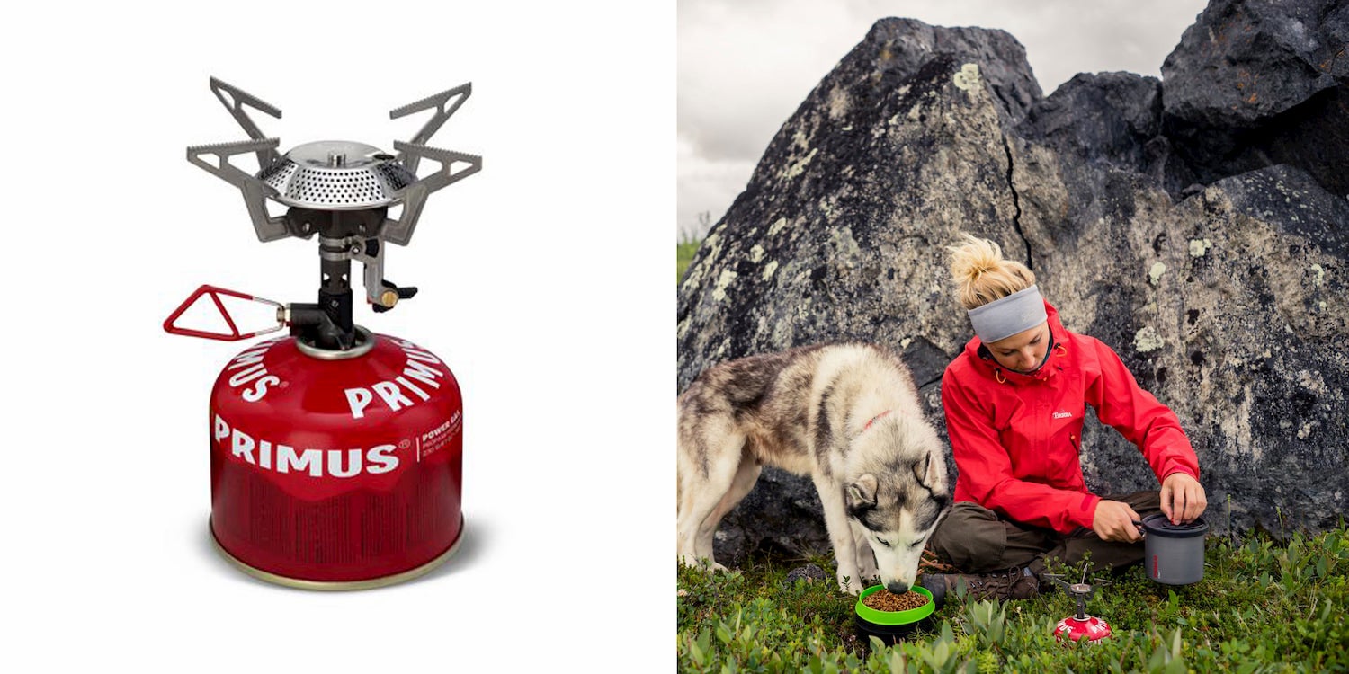 On the left, image of a backpacking stove and fuel canister. On the right, image of women cooking outdoors beside her dog eating food out of a bowl.