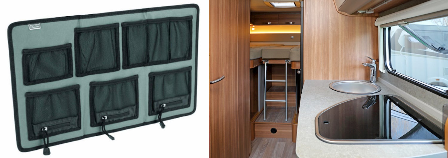 side-by-side of lockwood large hanging vault organizer and the interior of an RV