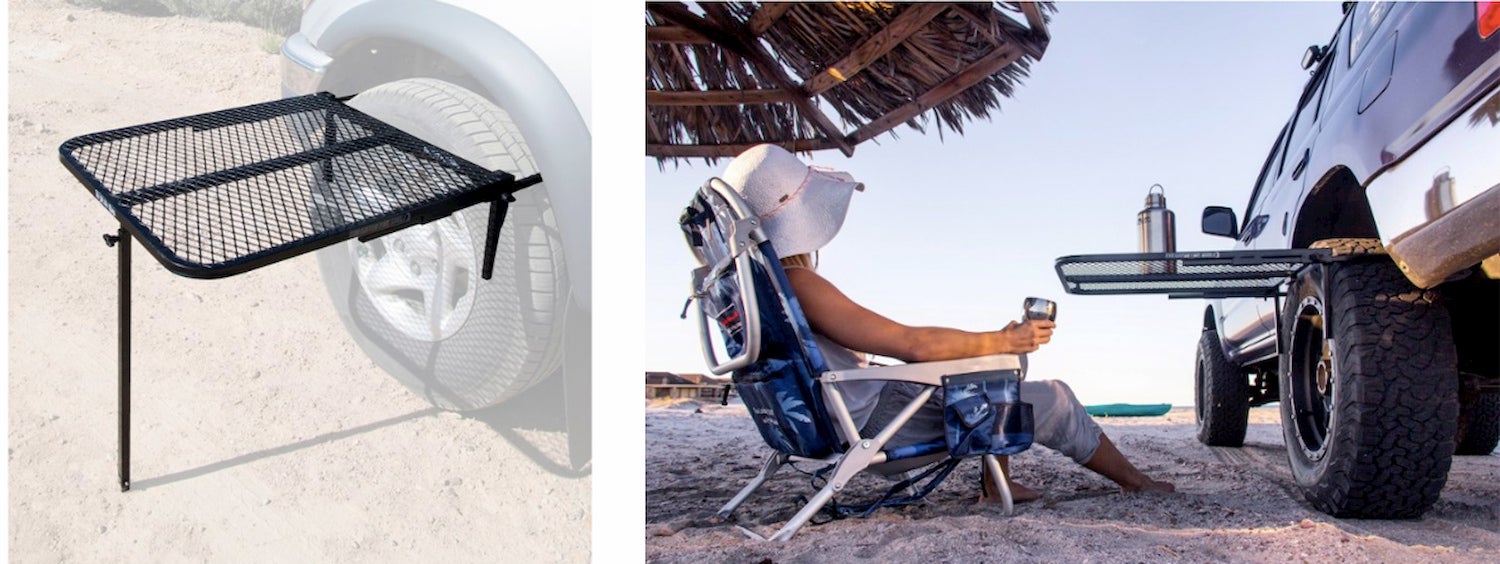 side-by-side of tailgater tire table and women enjoying her tailgater tire table