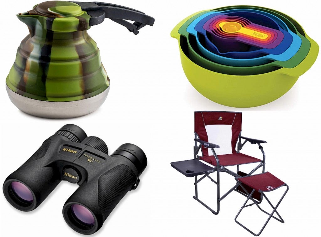 collage of kettle, nesting measuring bowls, binocular, and a camp chair