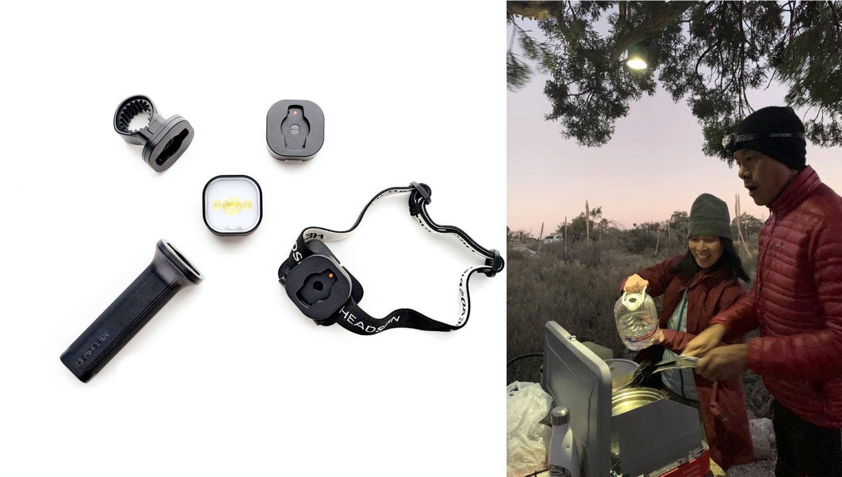 a headspin outdoors light kit next to a camper using the light kit from a tree