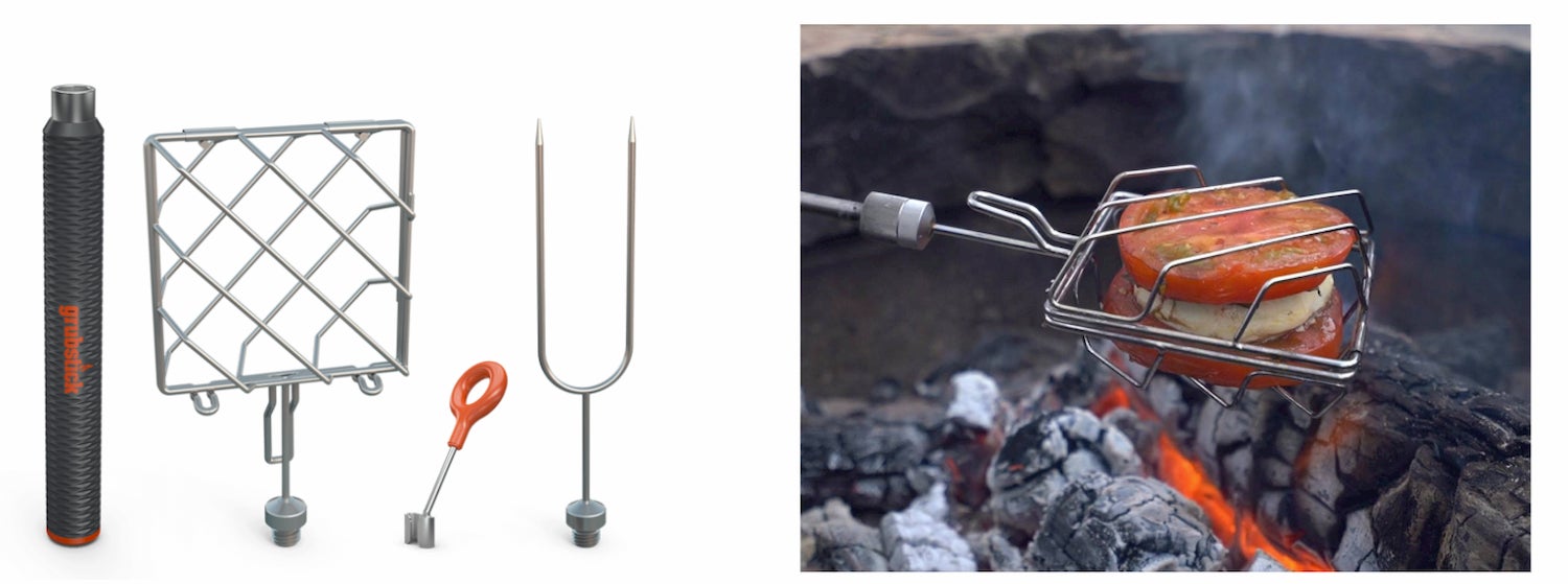 side-by-side of grub stick intro kit and a grubcage cooking tomatoes over a fire