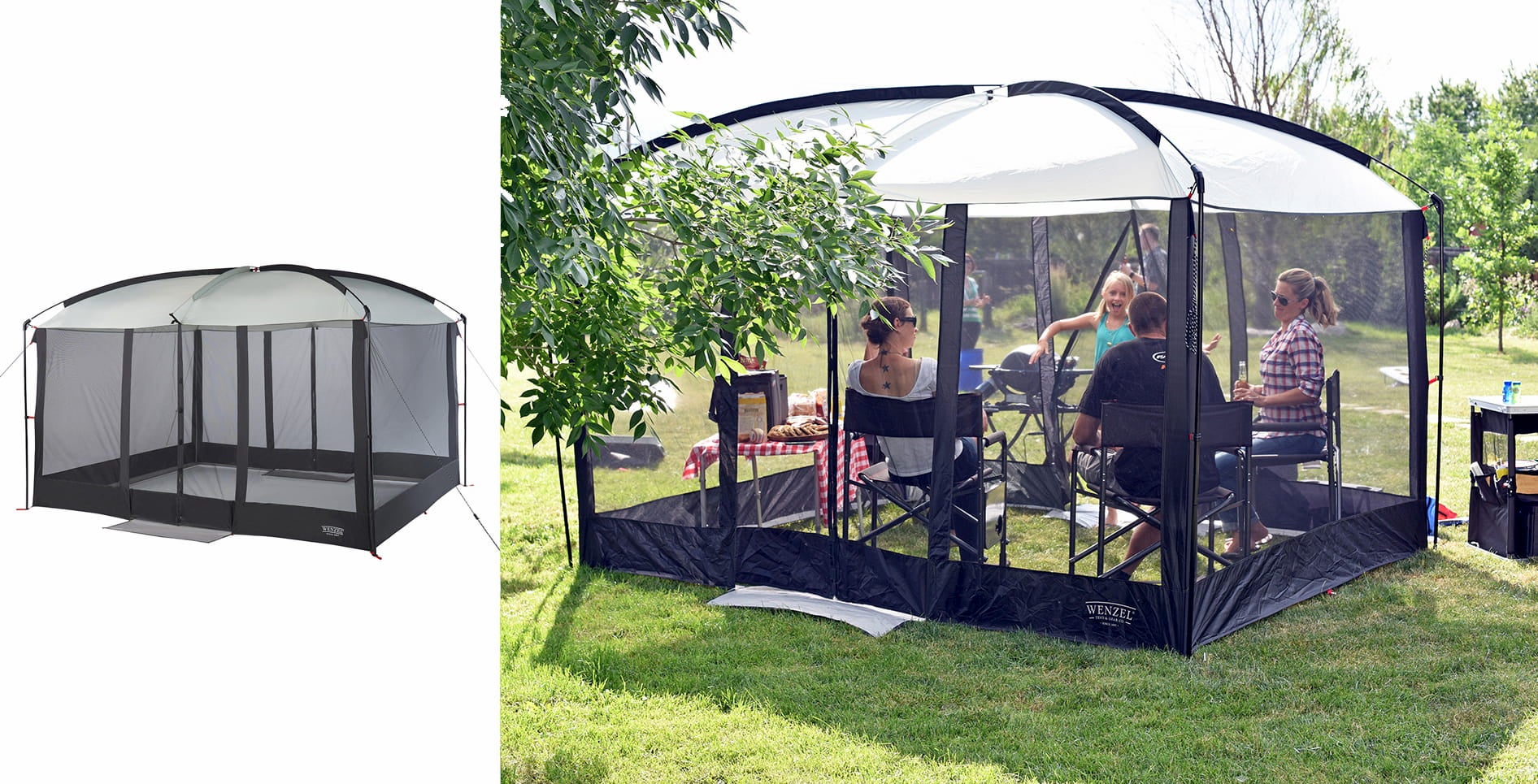 Product image of a screen house beside a family in a screen house in a field. 