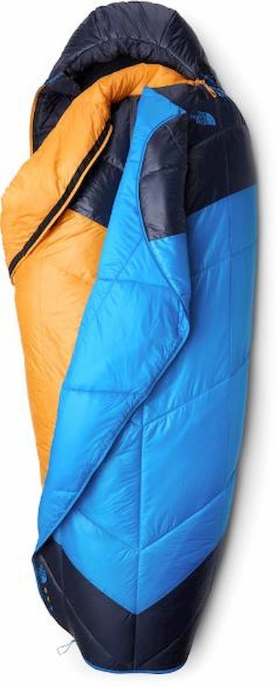 Orange and blue sleeping bag.