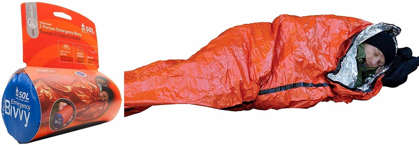 On the left image of emergency blanket product. On the right, Person sleeping in orange tinfoil blanket.