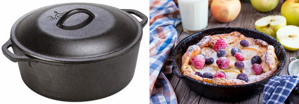 Dutch oven on the left, dutch oven on the right on a table with fruit and berries.