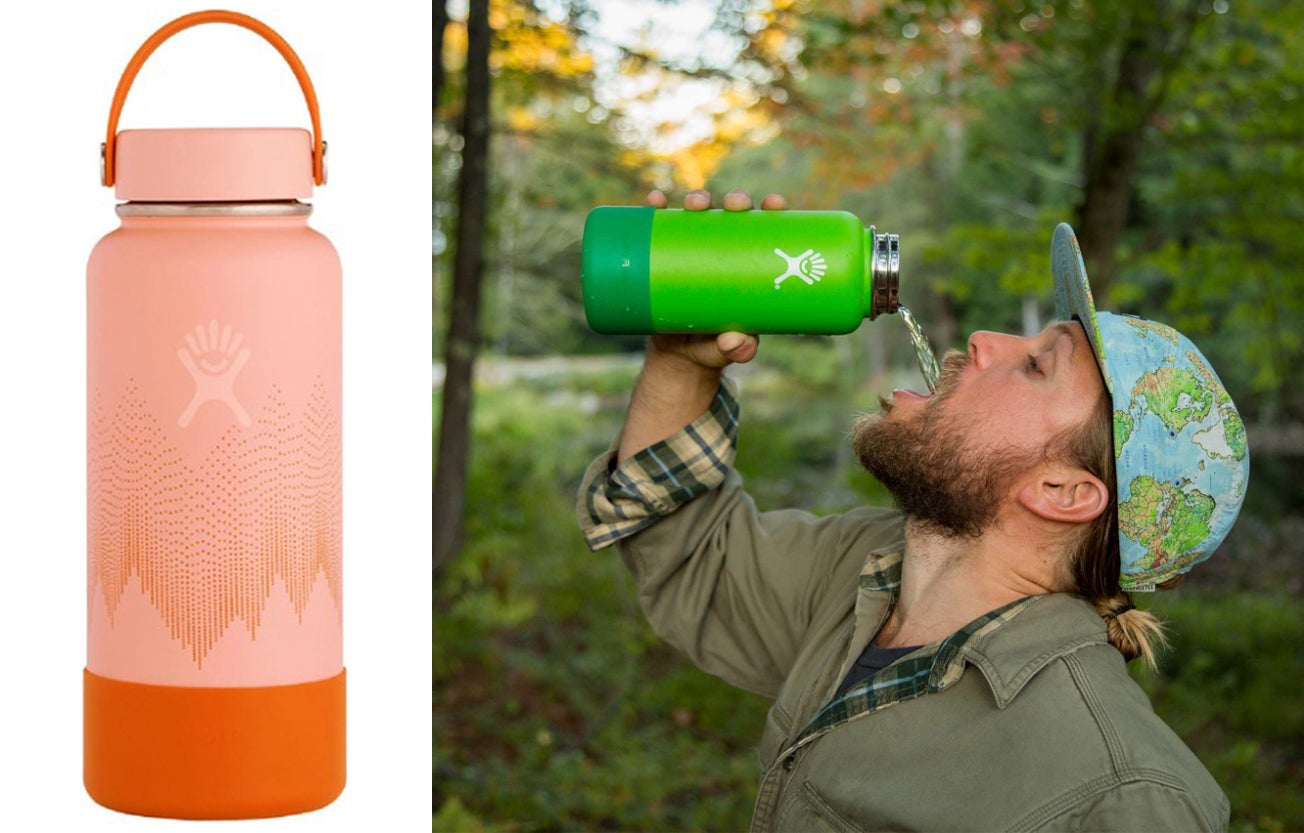 On the left pink and orange water bottle, on the right man drinking out of green water bottle in the woods.