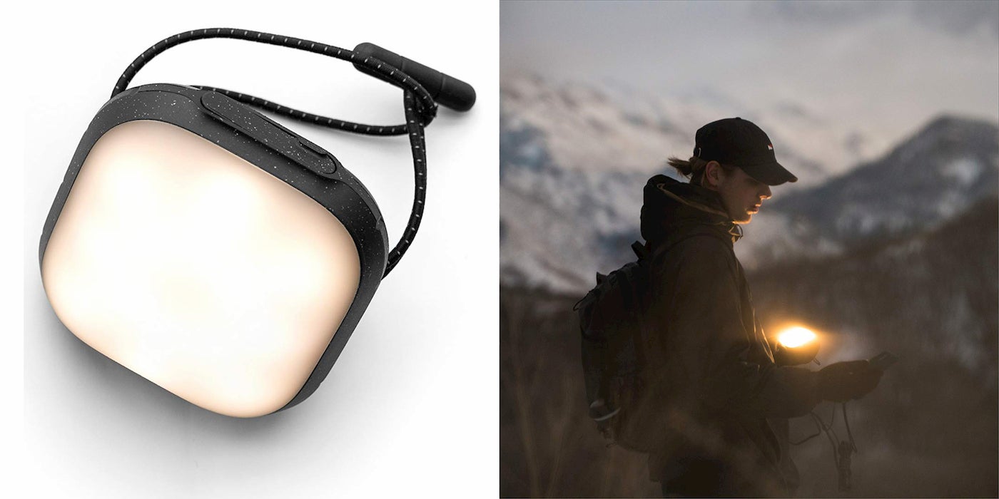 On the left product image of a light, on the right person using light during dusk outside.