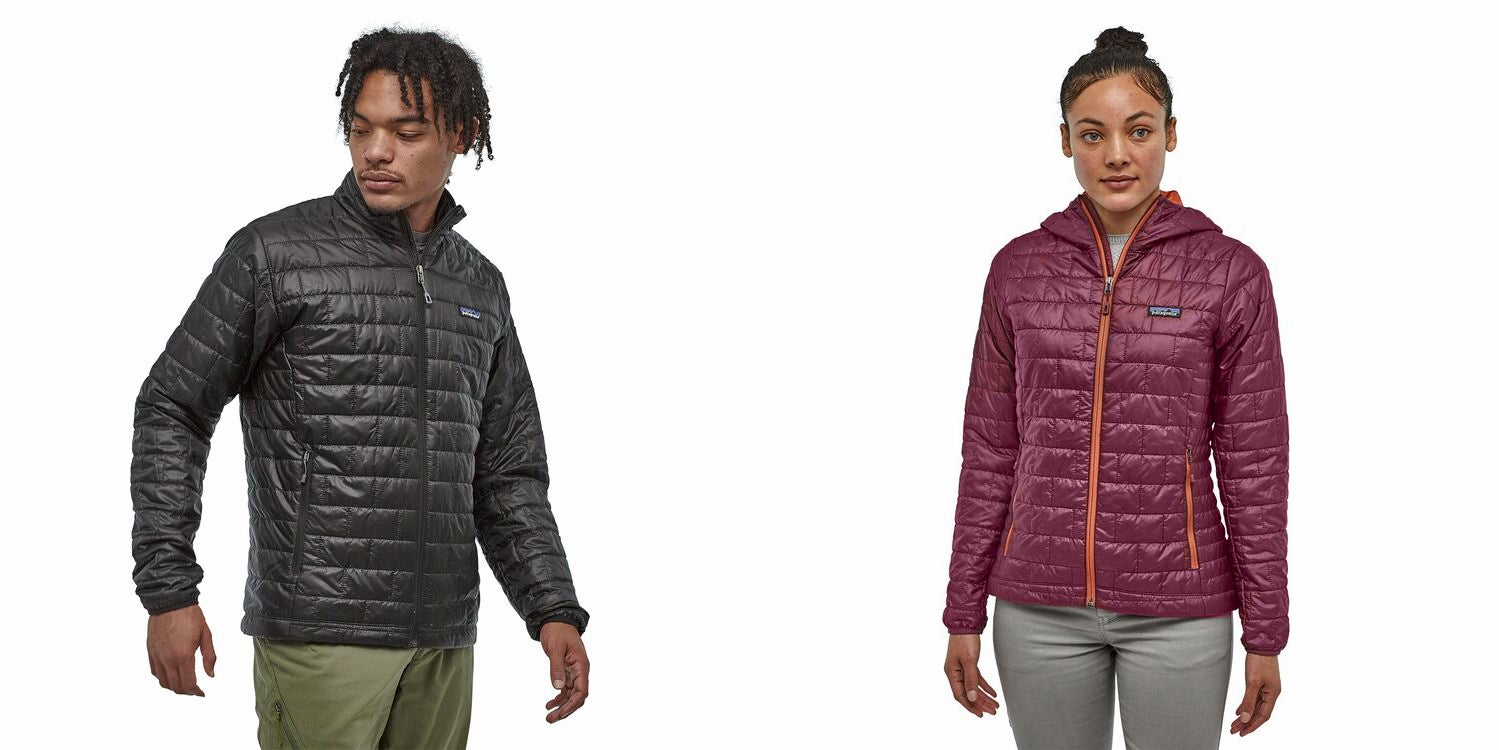 Male and female both wearing down jackets in black and pink.