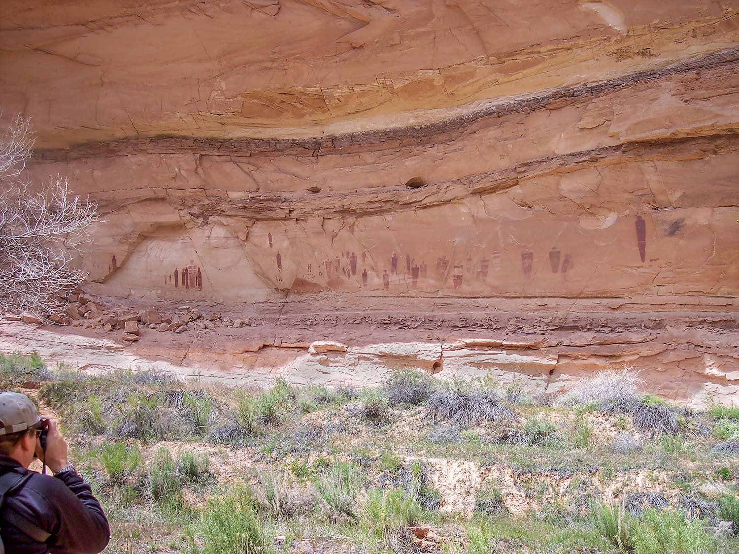 hiker taking picture of pictographs at horseshoe canyon