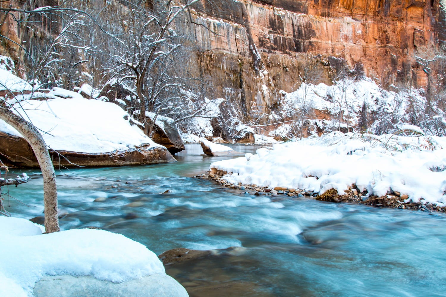 snow around a flowing river in Zion National Park