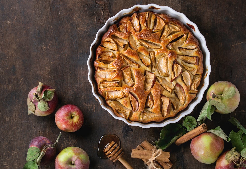 Apple spice upside down cake in a pan.