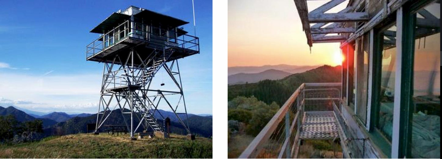 side-by-side pictures of firewatch tower. first picture is a widehost and second is the viewpoint from the top of the tower