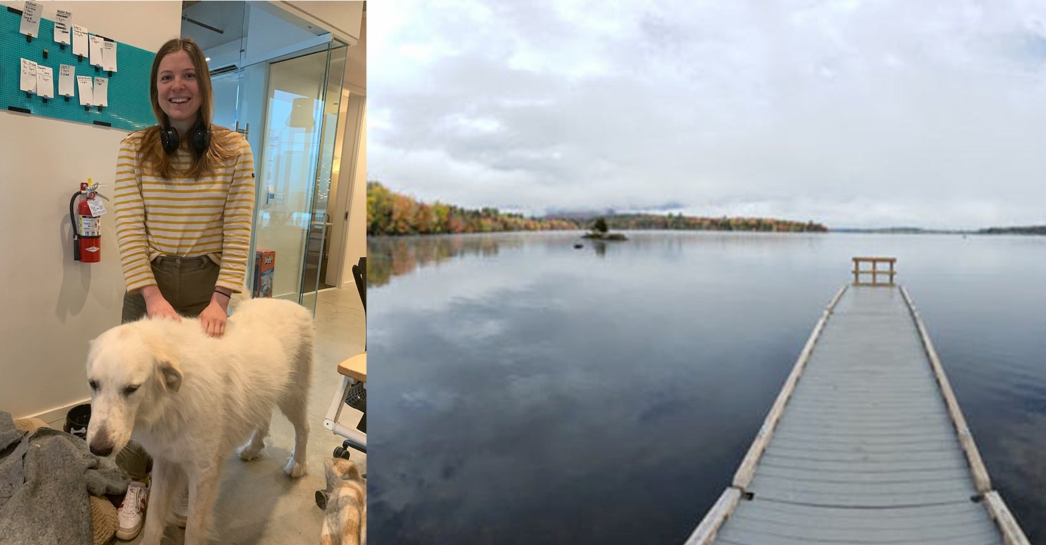 Left image of girl with headphones and a large dog in the office, Right image a panorama of a dock floating in an expansive lake surrounded by a forest.