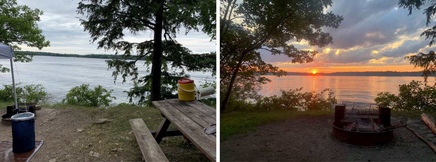 side by side photos of campground, one with picnic bench and other with firepit at sunset