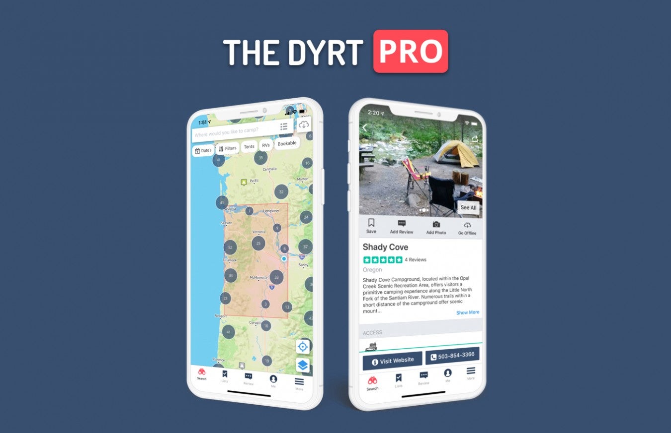 Two phones featuring The Dyrt's camping search user interface. The left has a map and the right has a description of a campground.