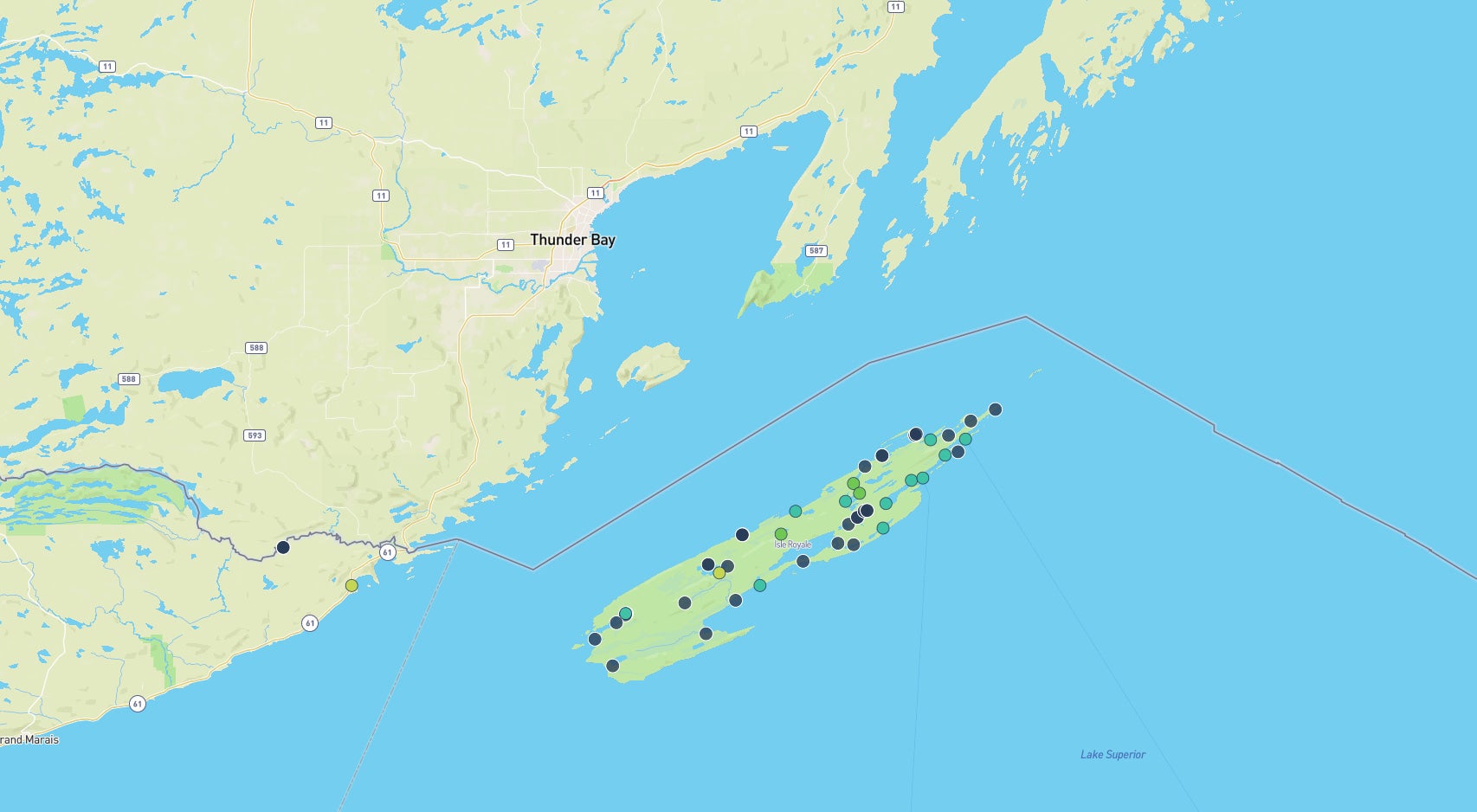 Map showing campground pinpoints on Island Royale.