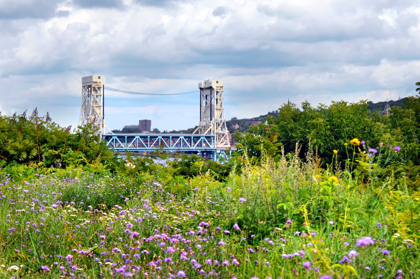 Portage bridge over canal running through a town full of blooming flora.