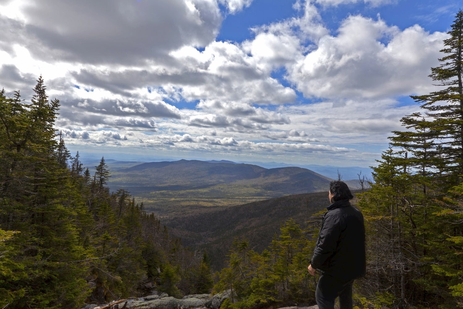 Man looking out from elevation on Mount Washinton via Ammonoosuc ravine trail in Coors County, New Hampshire.