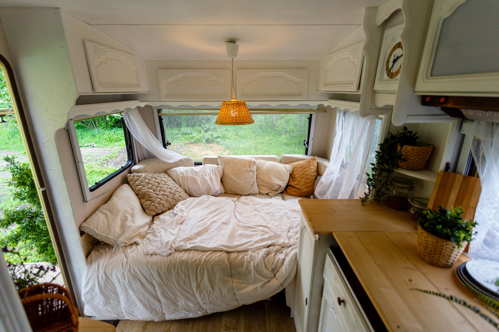 inside of rv, bed and day bed