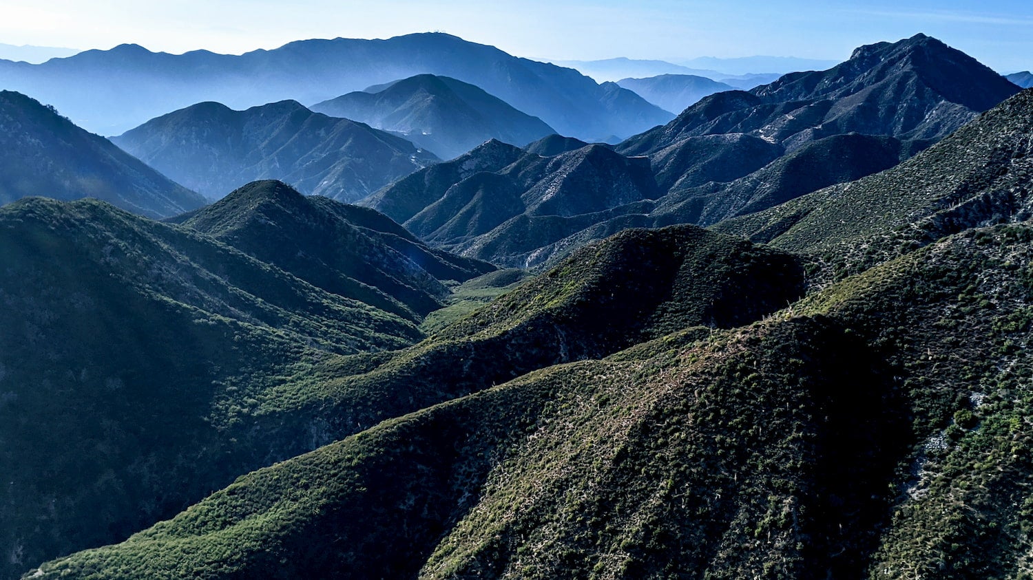 Landscape of tree dotted mountains of the Angeles National Forest.
