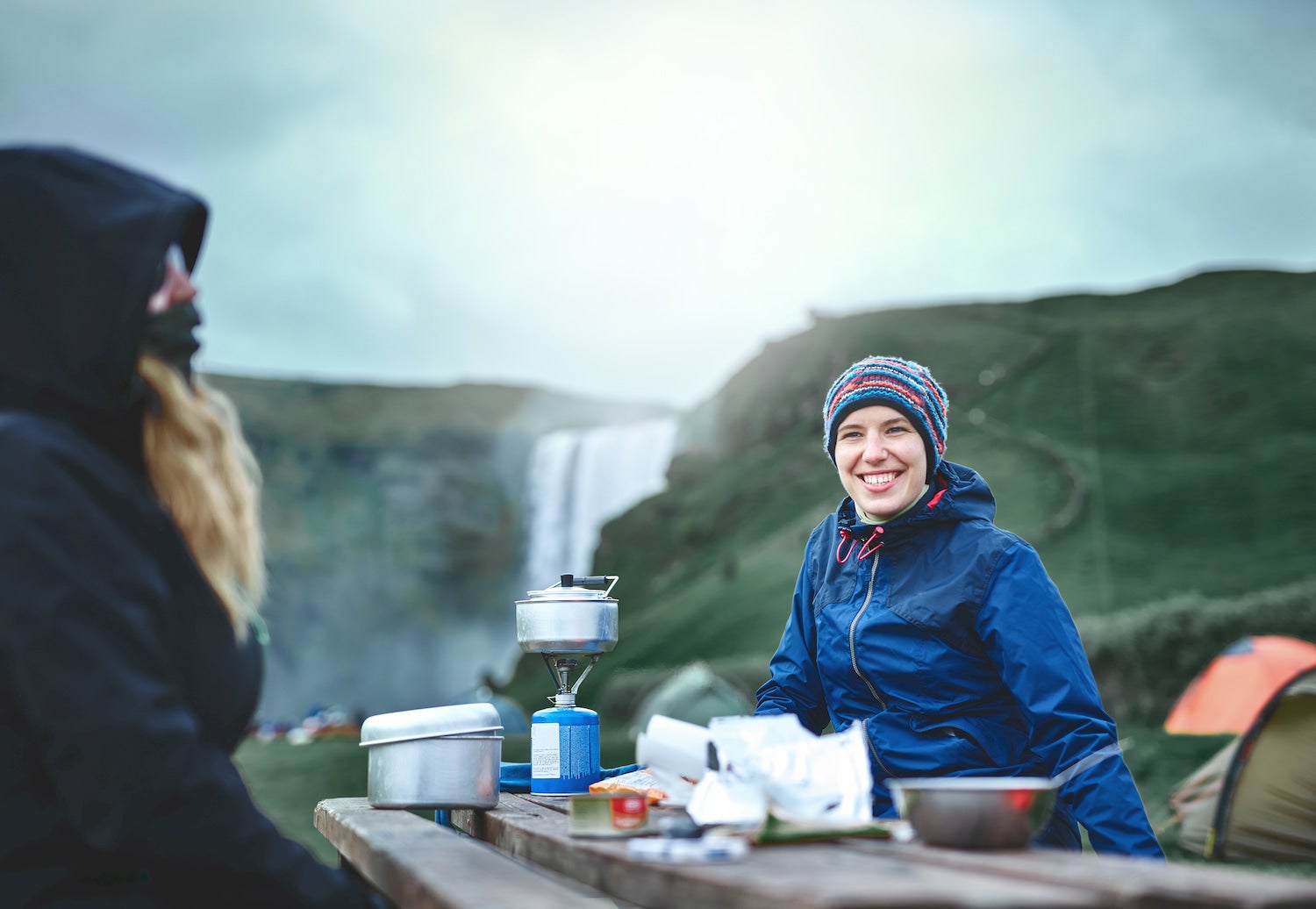 backpacking cooking at picnic table