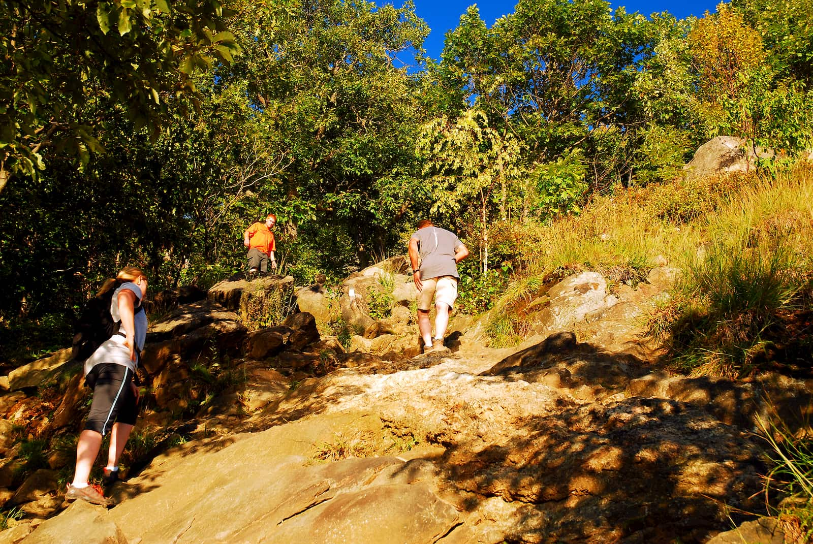 Three hikers walking up steep rocky path on Breakneck Ridge.