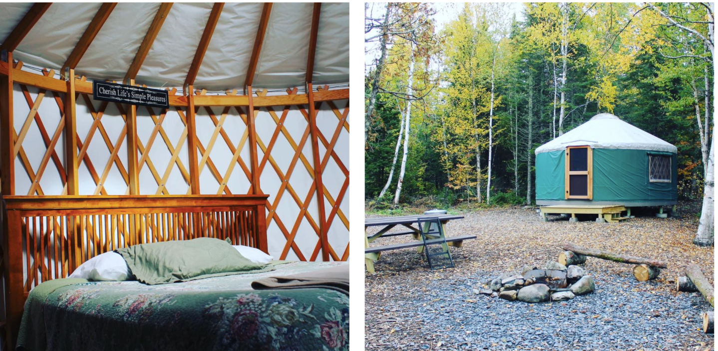 side-by-side of inside and outside of yurt in maine