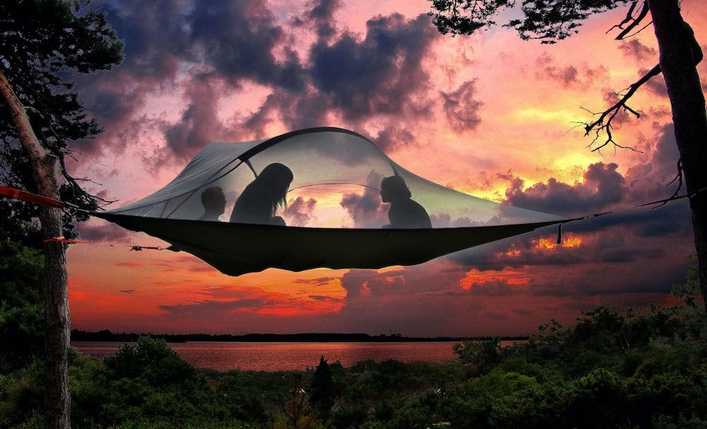 Suspended Tentsile hammock tent setup at sunset.