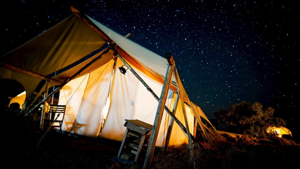 utah glamping tent at night
