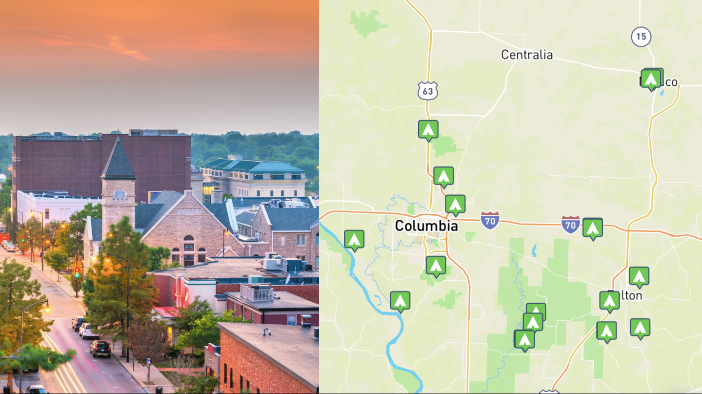 side by side images of Columbia, Missouri and a map of Columbia, Missouri