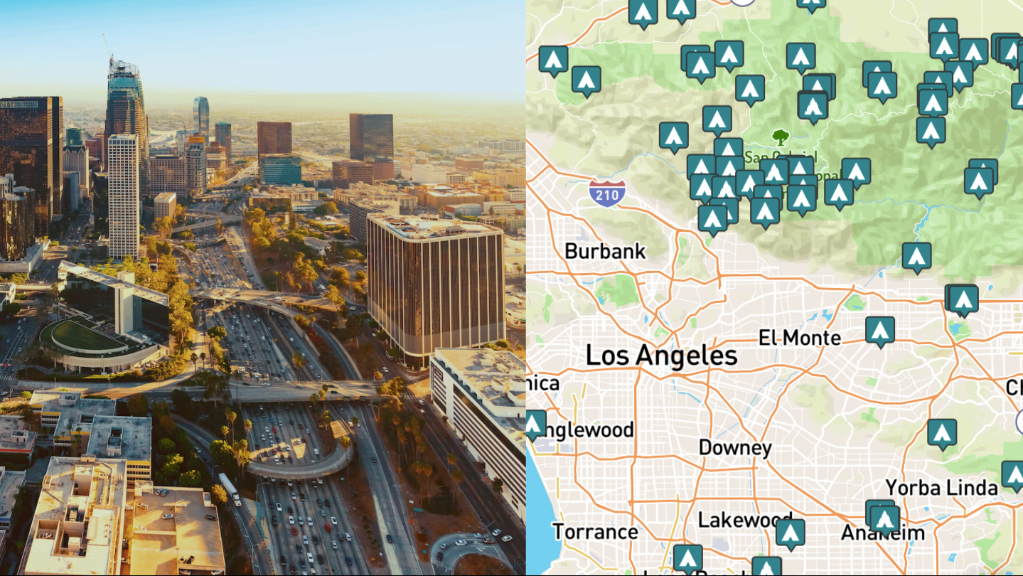 side-by-side images of downtown Los Angeles and a map of campgrounds around Los Angeles