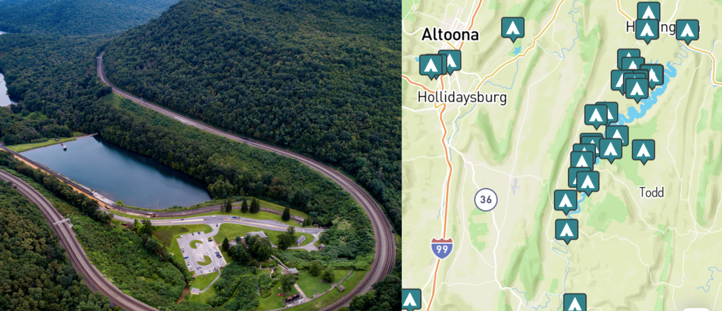 side-by-side images of altoona, pennsylvania and a map of campgrounds near Altoona, Pennsylvani