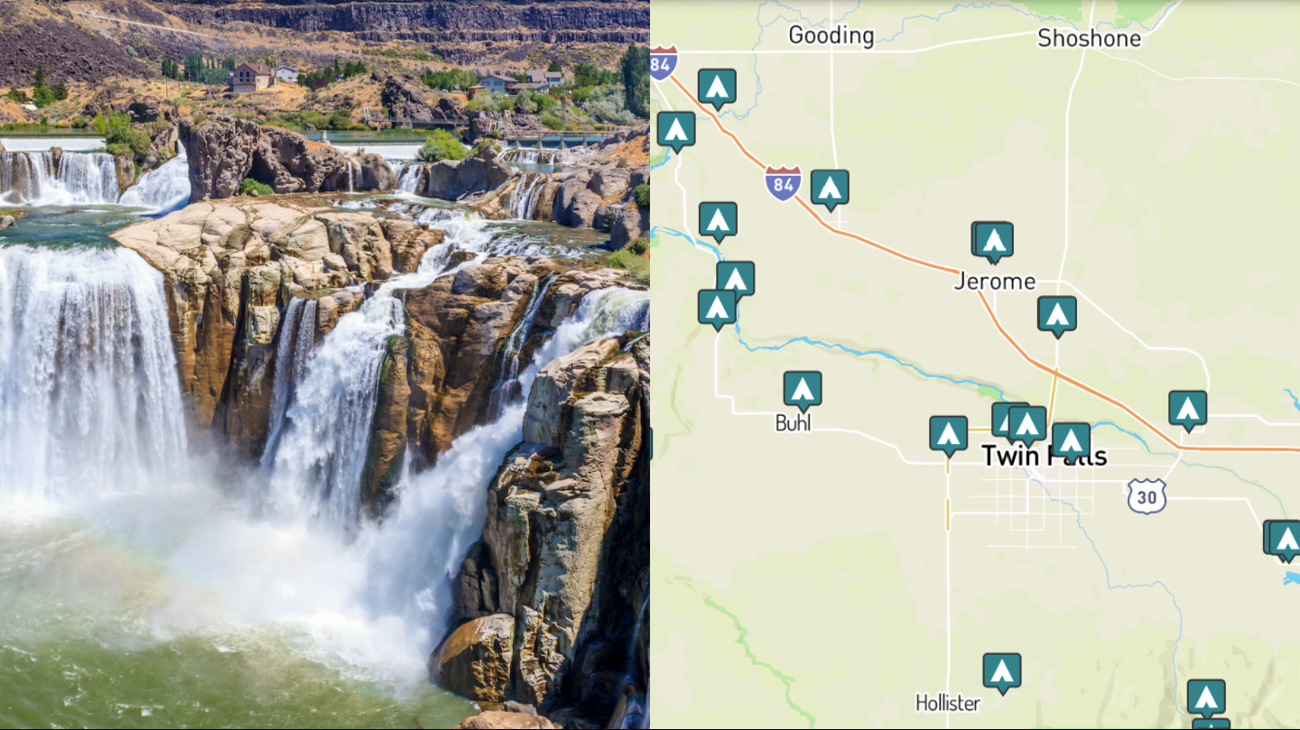 side by side of shoshone falls and a map of twin falls idaho