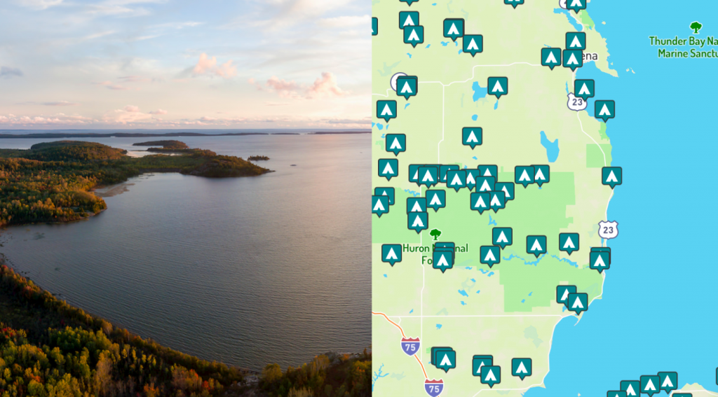 side-by-side images of lake huron shore and maps of campgrounds around lake huron