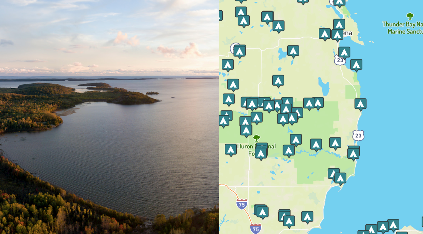 side-by-side images of lake huron shore and maps of campgrounds around lake huron
