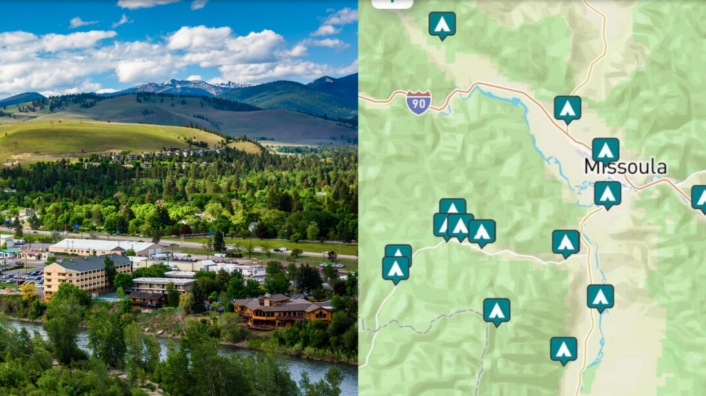 side-by-side images of Missoula Montana and a map of campground around Missoula