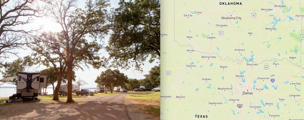 Image of map and campground at Texas Oklahoma border at Texamo Lake.