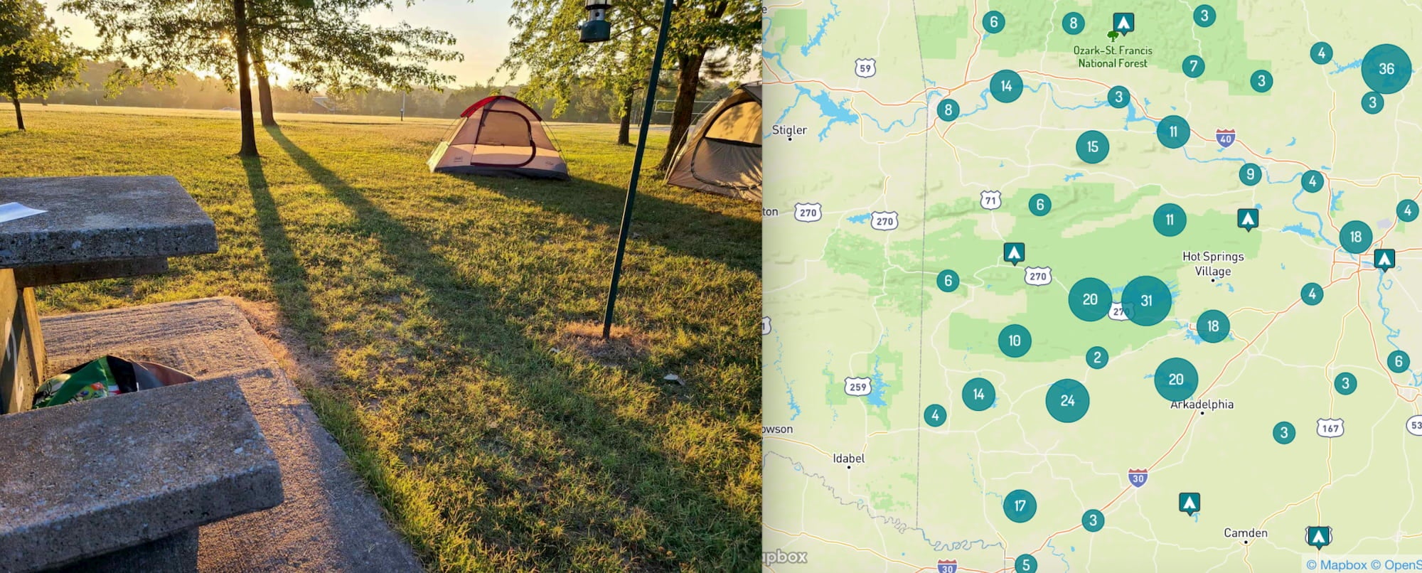 Campsite and map of western Arkansas camping.
