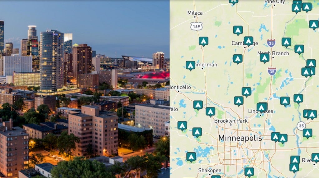 side by side images of downtown Minneapolis and campgrounds around Minneapolis