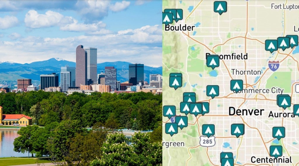 side-by-side images of Denver and a map of campgrounds near Denver