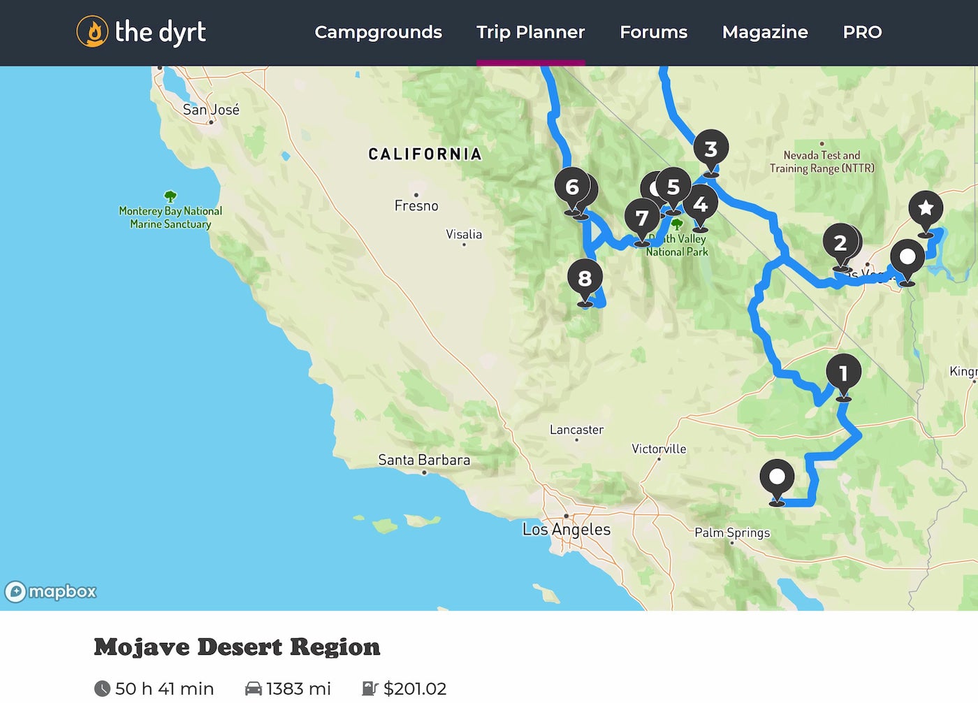 The Dyrt's Trip Planner in the Mojave Desert