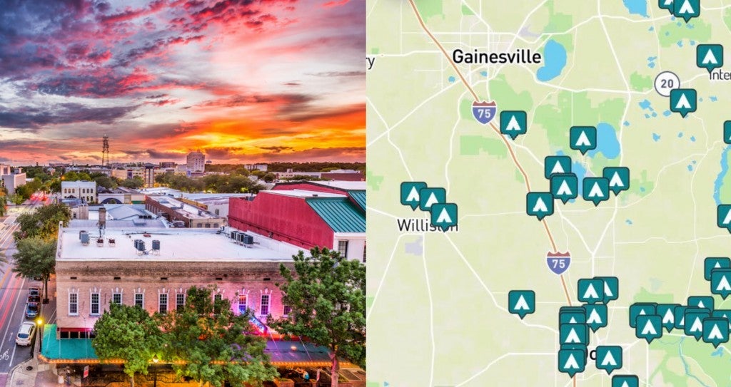 side-by-side images of downtown gainesville and a map of campgrounds around gainesville