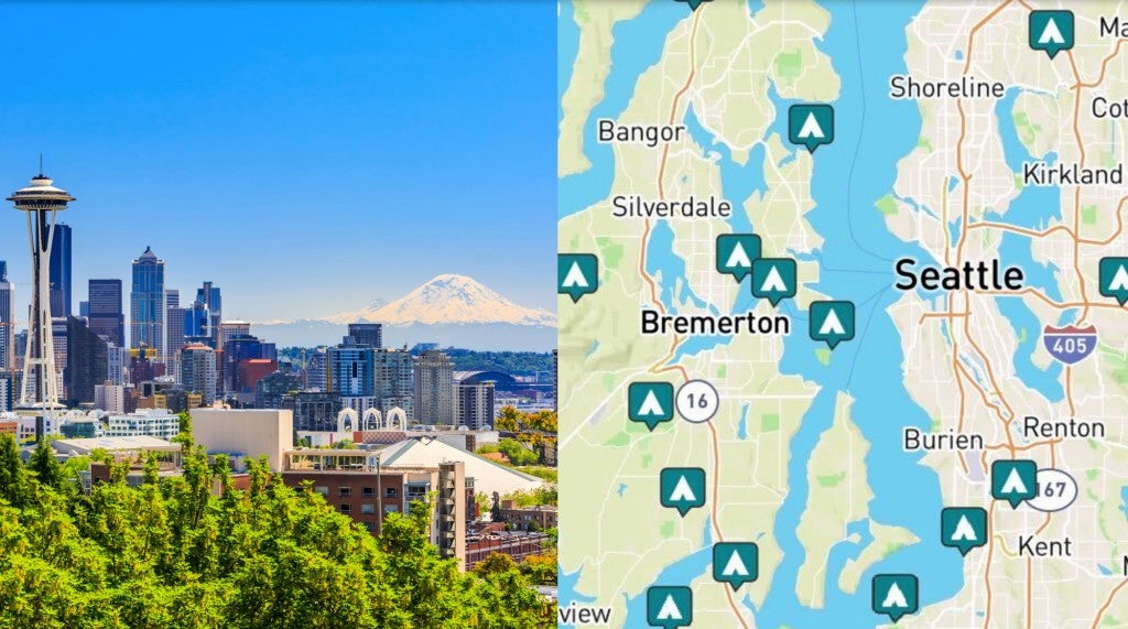 side-by-side images of seattle skyline and map of campgrounds near seattle