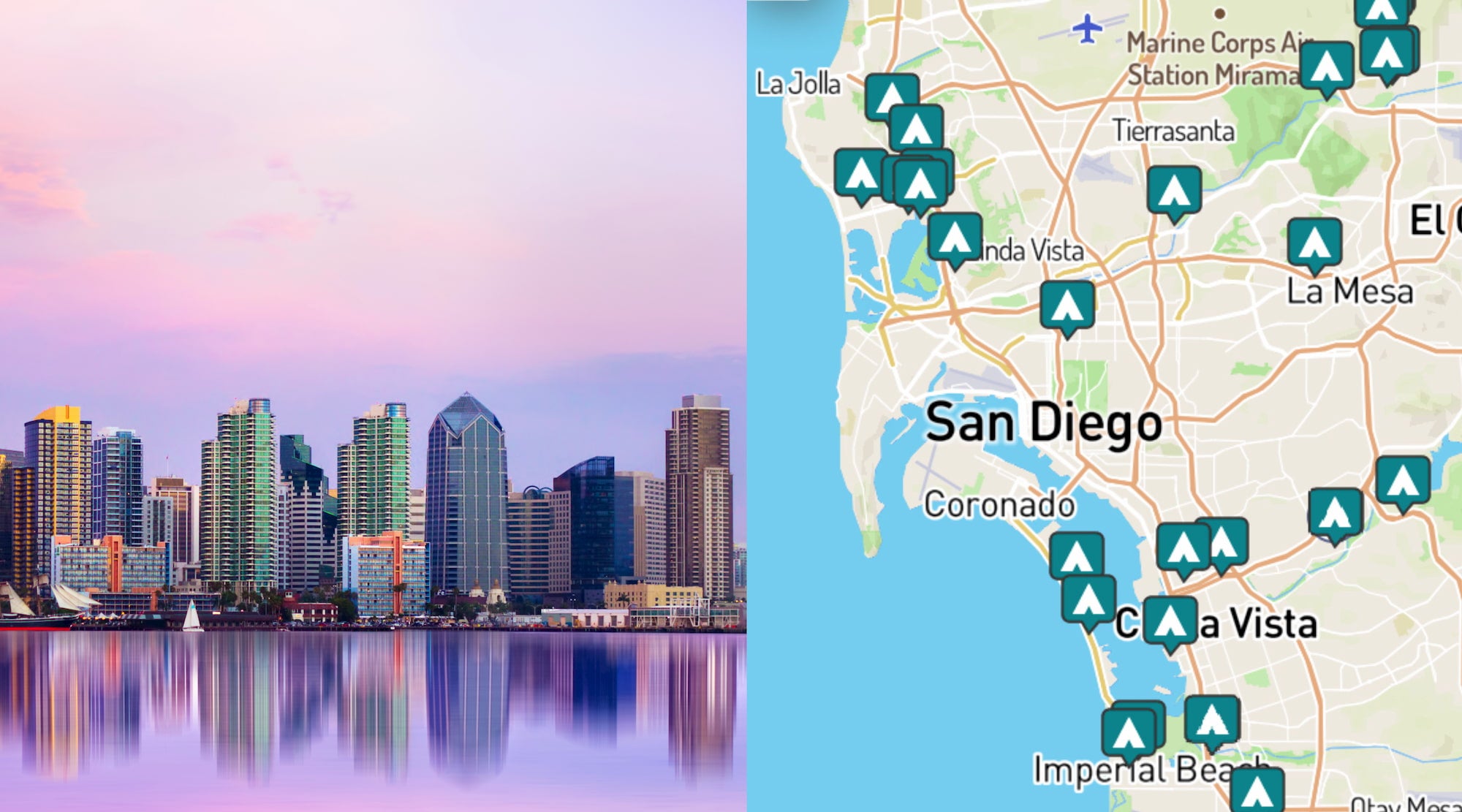 side-by-side images of San Diego skyline and a map of campgrounds around San Diego