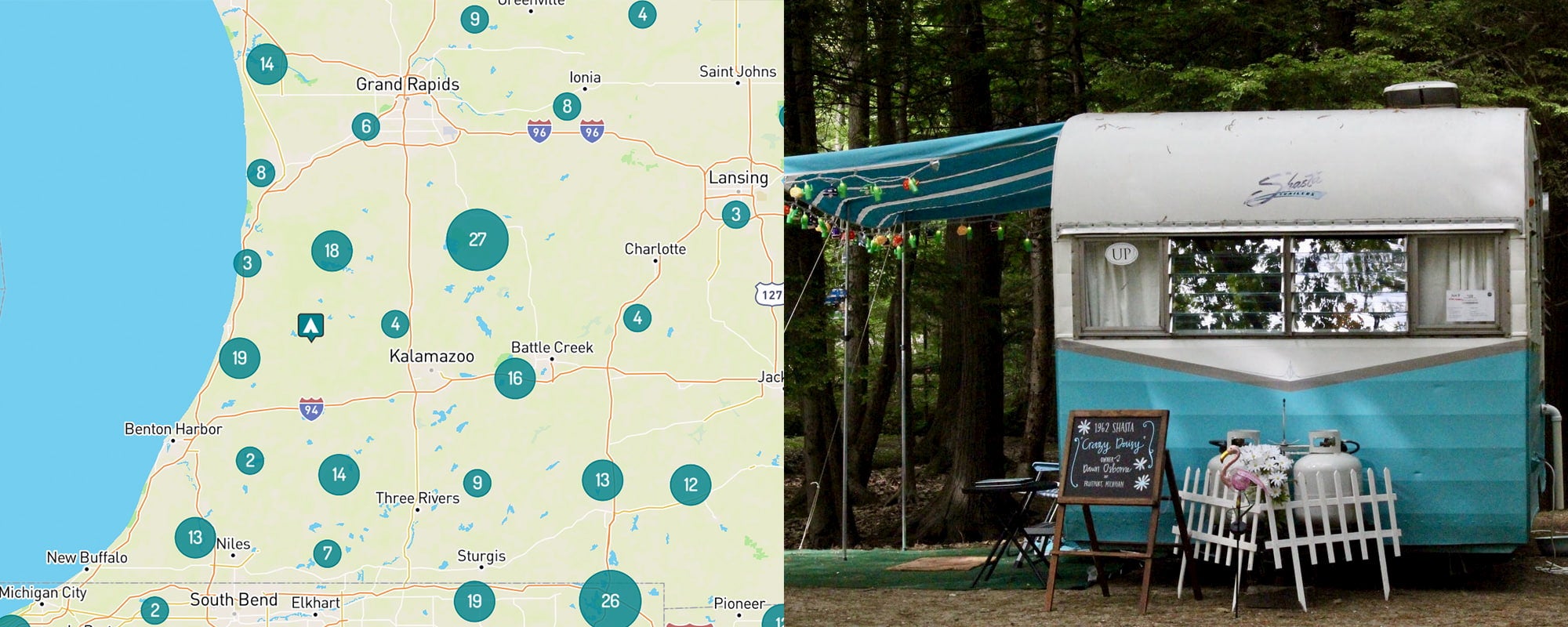 Map of Kalamazoo and Grand Rapids and a retro camper trailer parked in Michigan.