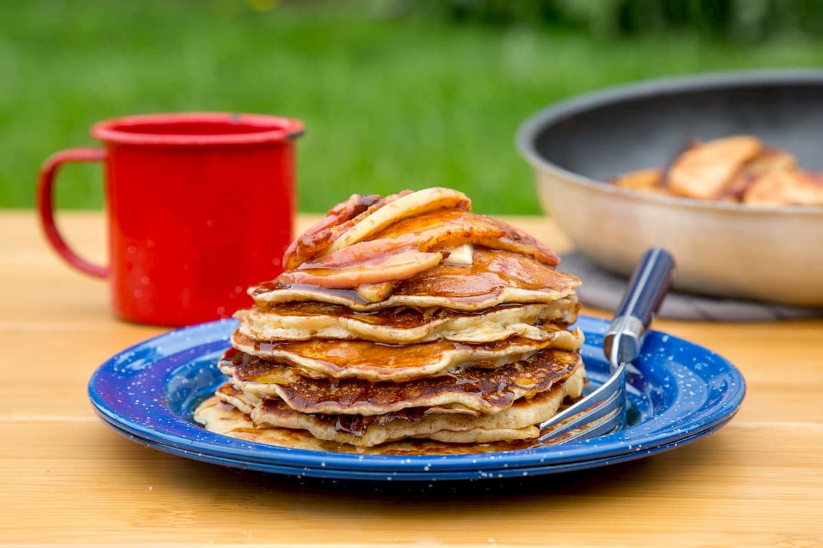 Cinnamon apple pancakes, perfect for fall camping breakfasts.