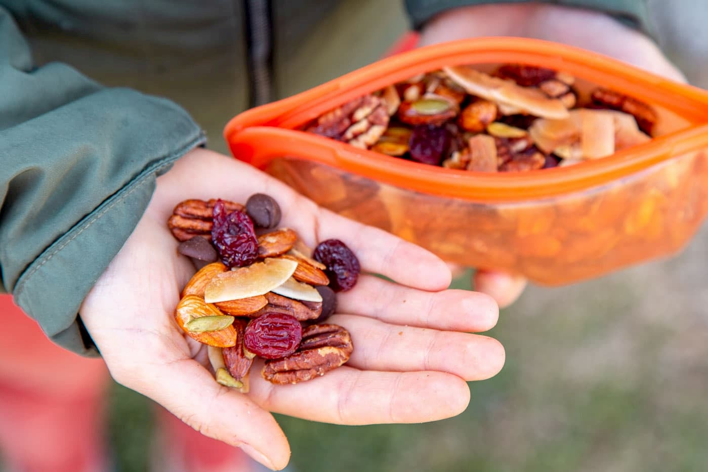 Nutty trail mix in a re-usable plastic bag on the trail.