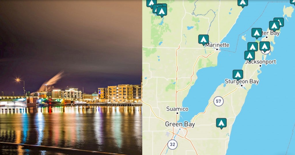 side-by-side images of Green Bay and a map of campgrounds near greenbay