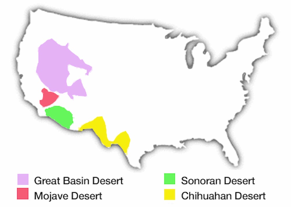 Map of the 4 deserts to boondock in in North America.